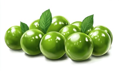 Obraz premium A vibrant cluster of glossy green limes with fresh leaves, set against a clean white background