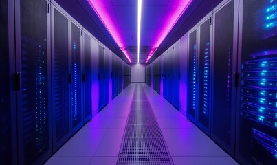 Fototapeta premium Glow of Blue and Purple LED Lights in Modern Data Storage Facility Server Corridor for High-Speed Computing, Internet, and Cloud Service