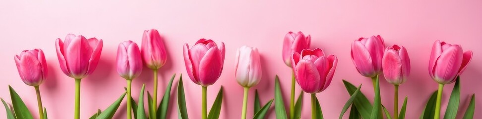 Fototapeta premium Pink tulips unfurl their petals on a soft pink grassy background, blooming flowers, floral arrangement