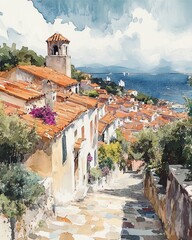 village, city, mountain watercolor paint