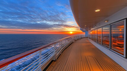 Obraz premium Beautiful sunset over the ocean viewed from aboard a cruise ship, with waves crashing against the yacht, creating a serene yet dynamic scene of nature and travel.