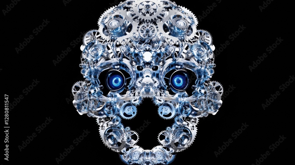 Poster Human head contour filled with interlocking gears and cogs representing the concept of artificial intelligence. Generative AI