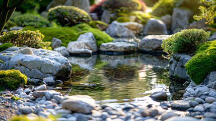 A small pond with a rock in the middle and a few plants around it, Tilt-shift view.