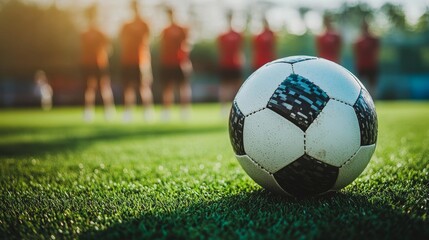 Fototapeta premium Close-up of a soccer ball on the field with a soccer team standing in the background, captured on a sunny day, symbolizing teamwork, sports, and competition.