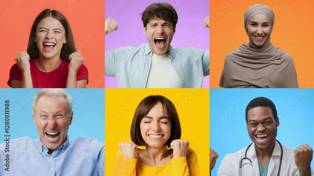 Poster a vibrant collection of diverse adults and kids expressing joy with gestures of celebration. each pe