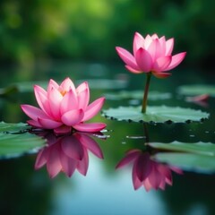 Obraz premium Reflections of lotus flowers in glassy pond create a sense of depth, soft focus, depth perception,