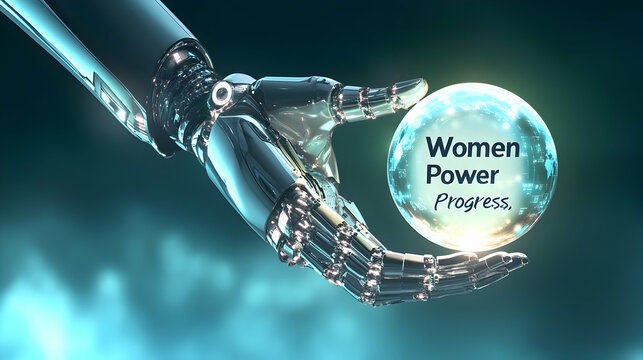 A futuristic robotic arm holding a glowing sphere with "Women Power Progress," symbolizing innovation, equality and limitless potential