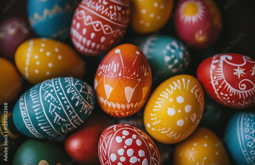 Poster colorful easter eggs with traditional patterns, shot from above. the patterned eggs form the backgro