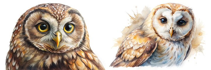Realistic owl portraits, watercolor style, detailed feathers, nature illustration, wildlife art, animal lovers, decorative prints.