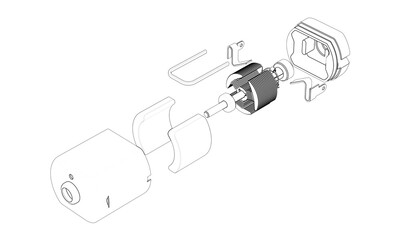 Exploded view with assembly parts of a toy car direct current electric motor