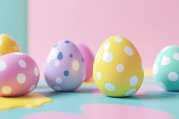 Fototapeta premium Easter eggs with pastel polka dots on a pink background, an Easter concept.