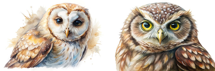 Realistic owl portraits, watercolor style, detailed feathers, nature illustration, animal art, wildlife decor.