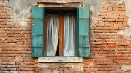 Old Brick Wall with Teal Shutters and Lacy Curtains on an Aged Rustic Building
