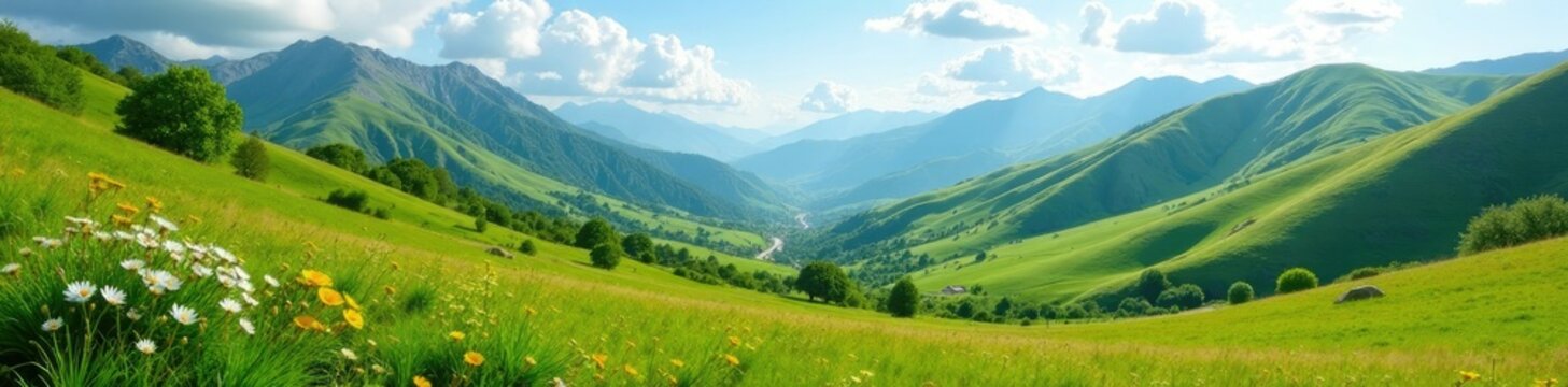 Rolling hills of Arabba valley with lush greenery and wildflowers, green hills, arabba valley, alpine landscape