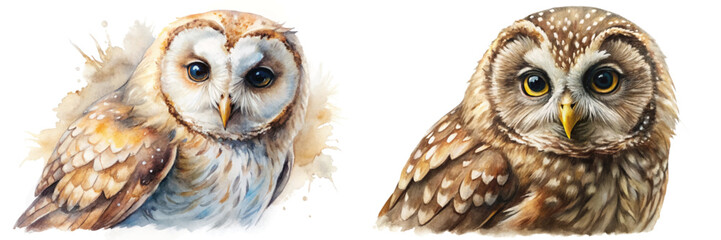 Realistic owl portraits, watercolor painting, detailed feathers, wildlife art, nature illustration, artistic style.