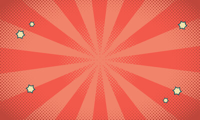 Comic or cartoon background in retro pop art style vector illustration with halftone dots, stars and rays of light.