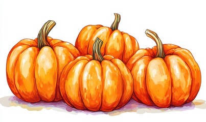 A vibrant illustration of four plump pumpkins arranged artistically on a white background, evoking autumn