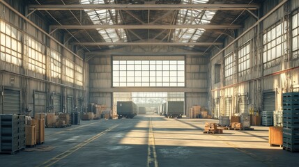 A spacious, well-lit industrial warehouse interior featuring large windows, high ceilings, and organized storage areas.