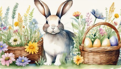 Hand-painted watercolor pattern featuring wildflowers, bunny silhouettes, and woven Easter baskets, creating a cheerful and whimsical Easter design
