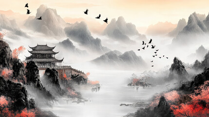 Fototapeta premium Chinese style landscape paintings featuring red leaves and high mountains