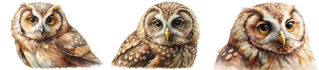 Realistic owl portraits, watercolor illustration, detailed feathers, nature artwork, wildlife decor, bird enthusiasts.