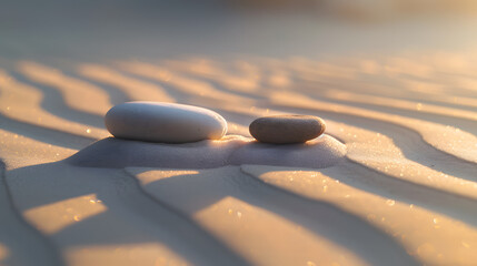Two rocks are placed on a sandy beach, creating a peaceful and calming atmosphere