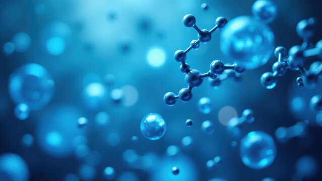 Blue color-enhanced microscopic view featuring multiple spheres with attached structures resembling a drug molecule, indicative of Semaglutide.