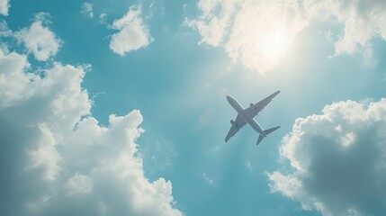 Fototapeta premium Commercial airplane flying through a bright blue sky dotted with fluffy white clouds