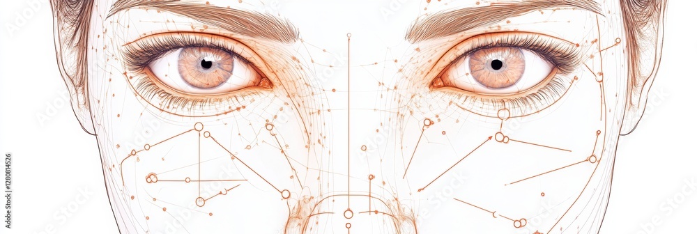 Poster Detailed medical illustration showing marked Botox injection points on a female face with precise anatomical features. Generative AI