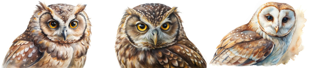 Realistic owl portraits, watercolor painting style, vibrant colors, wildlife art, nature illustration, artistic wildlife representation.