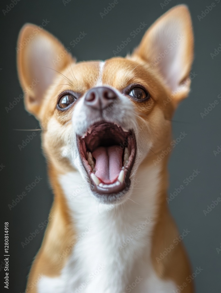 Poster charming chihuahua barking in a bright indoor setting with soft lighting and a neutral background. g