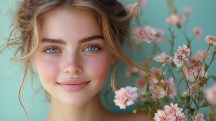 Fototapeta premium A young European girl with bright blue eyes and a radiant smile, holding flowers against a soft blue background, conveying joy and beauty.