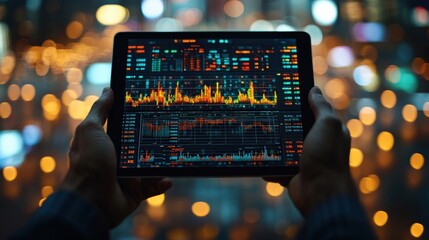 Person analyzing financial data on a tablet amidst a blurred cityscape background