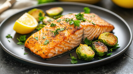 Herb crusted salmon with roasted brussels sprouts and lemon garnish for keto lunch or dinner