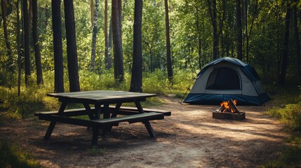 Campsite with wooden picnic table, burning campfire, and tent in a forest. Outdoor adventure and camping concept. Nature travel and recreation.