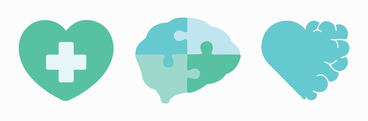 Medicine, brain, mind, heart. Health, mental health. Intelligence, mindset, skill. Healthy, medical, emotions, feelings, well-being. Set, vector