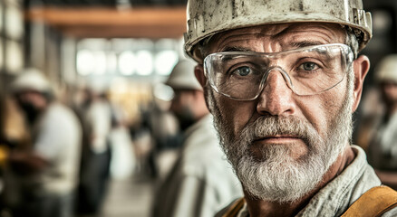 Engineer with safety glasses and helmet focuses on the tasks around him in an active construction area filled with workers and machinery
