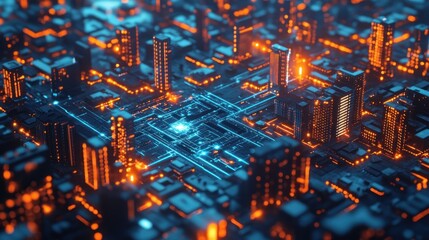 Aerial view of a futuristic cityscape illuminated by neon lights at night, showcasing urban life