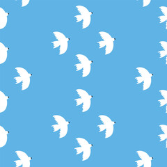 Cute white birds hand drawn vector illustration. Adorable swallow in flat style seamless pattern for kids fabric or wallpaper.