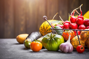 Farm harvest vegetables with spicy herb spice and garden inventory Rural still life on grey concrete surface in rustic style.