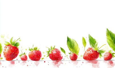 A vibrant watercolor illustration of fresh strawberries with green leaves on a white background