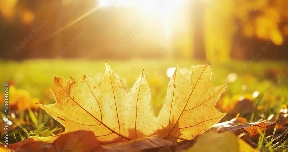 Poster close up of fall leaves, highlighting autumn colors. it's a close-up of fall foliage illuminated by 