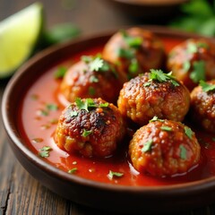 Spicy kofta kebab meatballs in a spicy tomato sauce, kebab, sauce