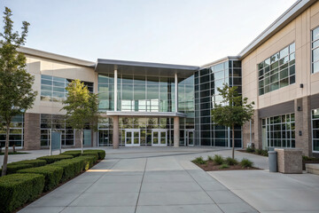 Modern high school building showcases sleek architecture and inviting entrance with glass elements and landscaped courtyard