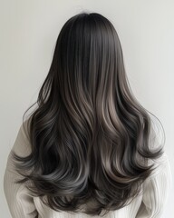 Naklejka premium Back View of Long Black Wavy Hair on White Background