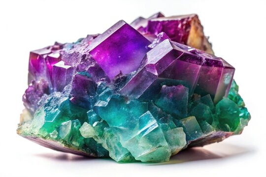 Stunning fluorite gemstone, a calcium fluoride crystal, isolated on white.
