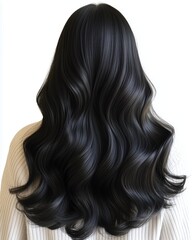 Naklejka premium Back View of Long Black Wavy Hair on White Background