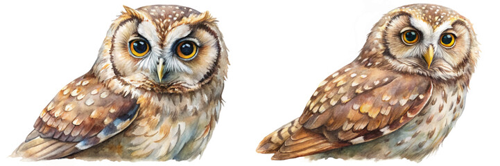 Realistic watercolor owl illustration, detailed feathers, vibrant eyes, nature art, wildlife decor, educational purpose, animal portrait.