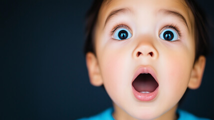 Frightened Child with Wide Eyes and Open Mouth Against Dark Background