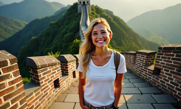 Woman Exploring the Majestic Great Wall of China
